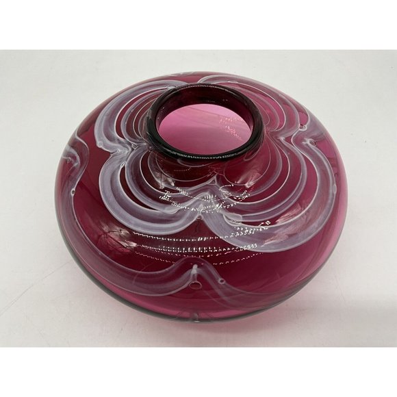 Hand Blown Gordon Redmond Cranberry with White Swirls Vase, Signed & Dated 1994 - Picture 8 of 16